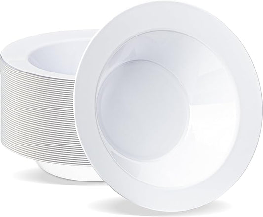 BESTVIP 50Pcs Plastic White Bowls, 12 Oz Disposable Bowls Disposable Bowls for Parties, Wedding, Christmas, Thanksgiving, Soak Proof Bowls for Breakfast, Lunch, and Dinner Meals