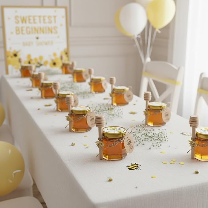 Adabocute Honey Pot, Glass Honey Jars, Small Honey Jars with Wooden Dippers, Bee Charms, Gold Gift Bags and Jutes Lids, Mini Honey Jars Baby Shower Favors, 1.5oz 40 Pack