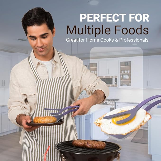 Silicone Egg Flipper Spatula Tongs (Set of 1) – Non-Stick 2-in-1 Grip & Flip Kitchen Tongs for Pancakes, Fish, Eggs, and More – Heat Resistant Cooking Tool (Purple)