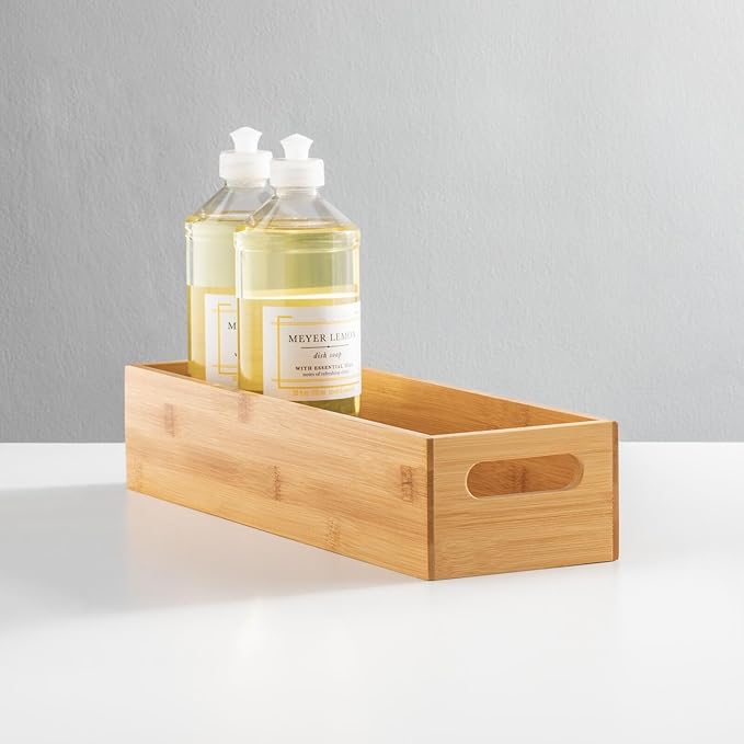 mDesign Slim Bamboo Kitchen Cabinet & Fridge Drawer Organizer Tray - Storage Bin for Cutlery, Serving Spoons, Cooking Utensils, Gadgets - 4.6" Wide - Natural Wood Finish