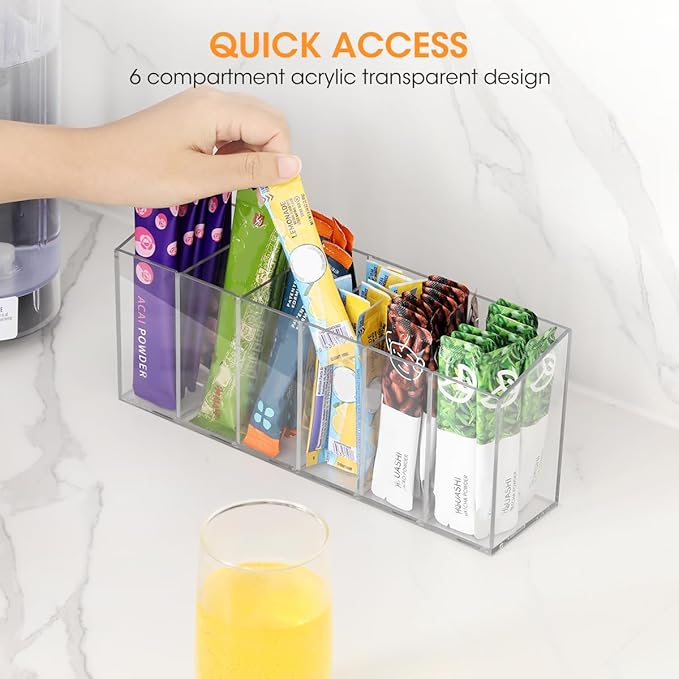 AIEVE Drink Packet Organizer, Water Drink Packet Holder with Removable Divider, Water Flavor Packet Organization Container for Kitchen Organizers and Storage (6 Compartments)