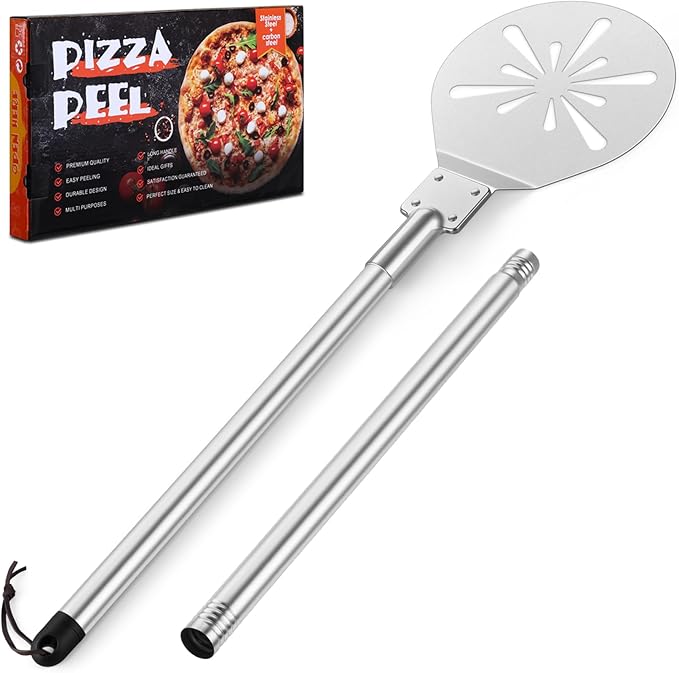 7 Inch Pizza Peel Turning, Joyfair Perforated Pizza Turner with Long Detachable Handle, Stainless Steel Spatula Paddle for Rotating Sliding, Metal Tools Oven Accessories, Easy Cleanup (SS Handle)