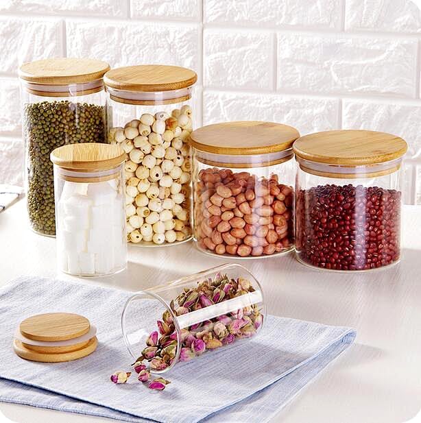 SHOWIN 15oz Glass Food Storage Jars, Glass Jars with Bamboo Lids, Kitchen Storage Jars, Set of 6, Canisters with Airtight Lids for Spice, Coffee, Cookie, Pantry Organizers