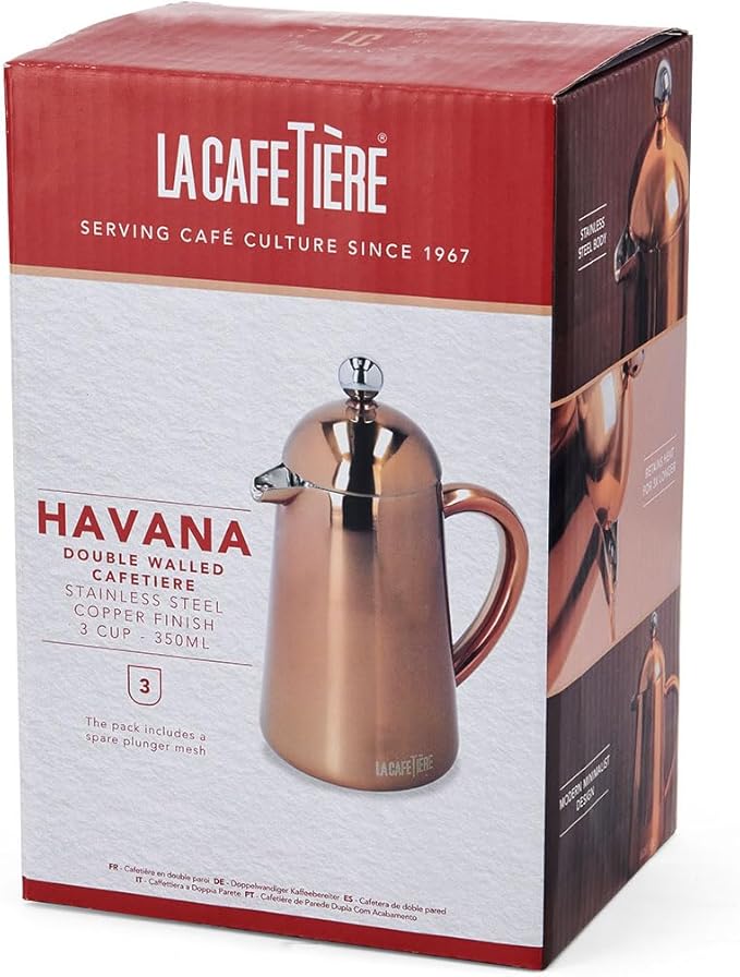 La Cafetière Havana Copper Stainless Steel Double Walled Cafetière, Three Cup, Gift Boxed