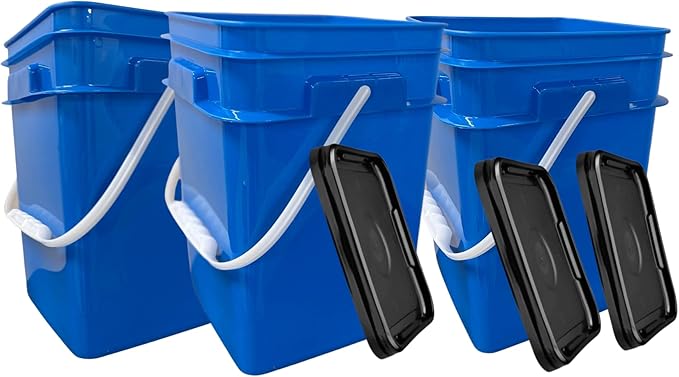 House Naturals 4 Gallon Square Food Grade Bucket Pail with Plastic Handles and Lid (Pack of 3) Made in USA containers (Blue)