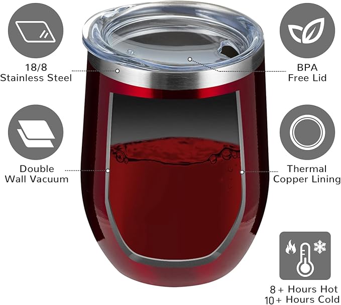 MEWAY 12oz/4 Pack Wine Tumbler Glasses with Lid - Stemless Double Wall Vacuum Stainless Steel Travel Tumbler - Keeping Cold & Hot for Wine,Coffee,Cocktails,Gifts (Burgundy,Set of 4)