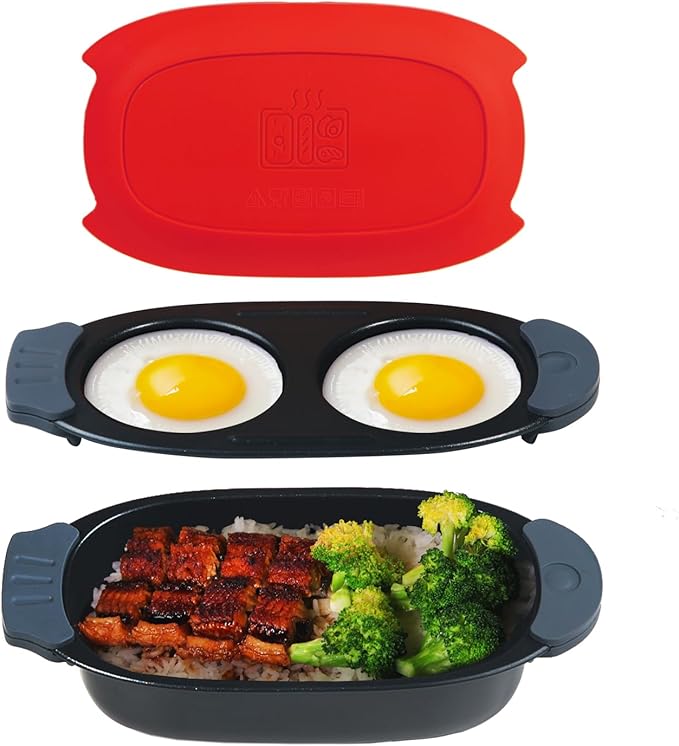 MKYSAIL Quick-Heat Microwave Egg Cooker and 33 OZ Microwave Grill Combo | 2-Piece Breakfast Maker Set for Grilling, Frying, Crisping Meat, Bacon, Pancakes & Veggies | Dishwasher Safe & Non-Stick for Kitchen RV, Dorm, Office(Red)
