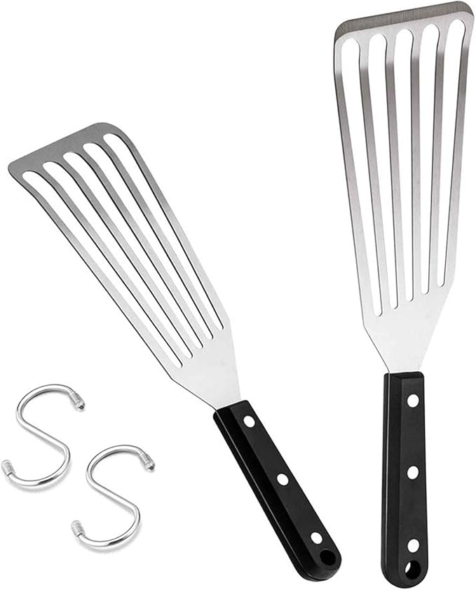 HaSteeL 2 Pack Fish Spatula Turner, 12.5" & 11" Stainless Steel Slotted Spatula Set for Kitchen Cooking, Flipping, Turning, Frying & Grilling, Full Tang ABS Handle, Dishwasher Safe