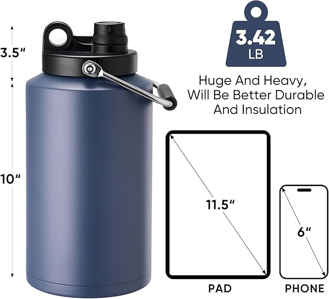 Kerilyn Insulated Gallon Jug with Handle, One Gallon, 128oz Stainless Steel, Large Double Vacuum Water Bottle for Hot & Cold Drinks, Wide Mouth, Sweat Proof, Great for Travel, Camping, Dark Blue