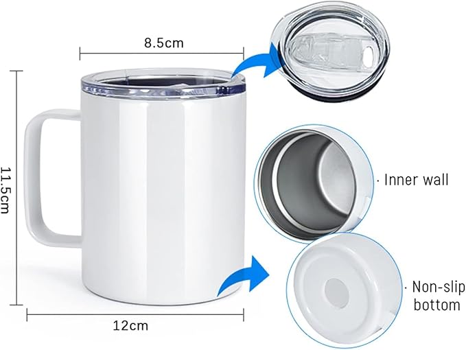 AGH 12OZ Sublimation Coffee Mug With Handle, 6Pack Stainless Steel Tumbler with Handle.Sublimation Mug Set for Coffee,Tea,Beer and Juice, Individually Boxed, White