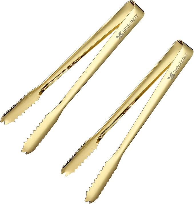 MSY BIGSUNNY 7 Inch Ice Tongs, Thickened Stainless Steel Sugar Cube Serving Tongs with Teeth for Tea, Party, Coffee, Bar, Food - Set of 2, Golden