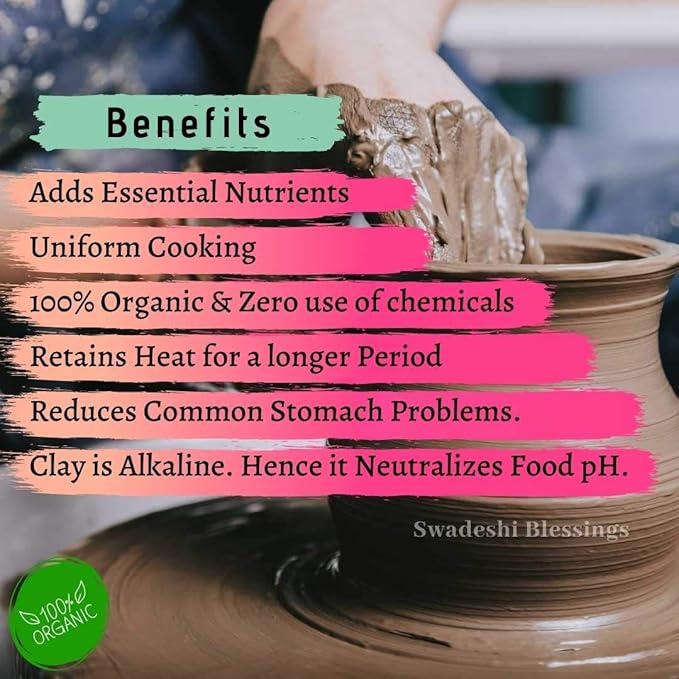 Swadeshi Blessings HandMade Exclusive Range Unglazed Clay Handi/Earthen Kadai/Clay Pot For Cooking & Serving with Lid, 2.8Liters (With Natural White Firing Shade & Mirror Shine) (Red)