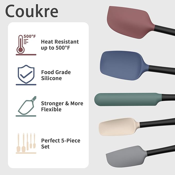 Coukre Silicone Spatula Set of 5,High Temperature Resistant, Food Grade Silicone, Dishwasher Safe, for Baking, Cooking (Colorful A Black)