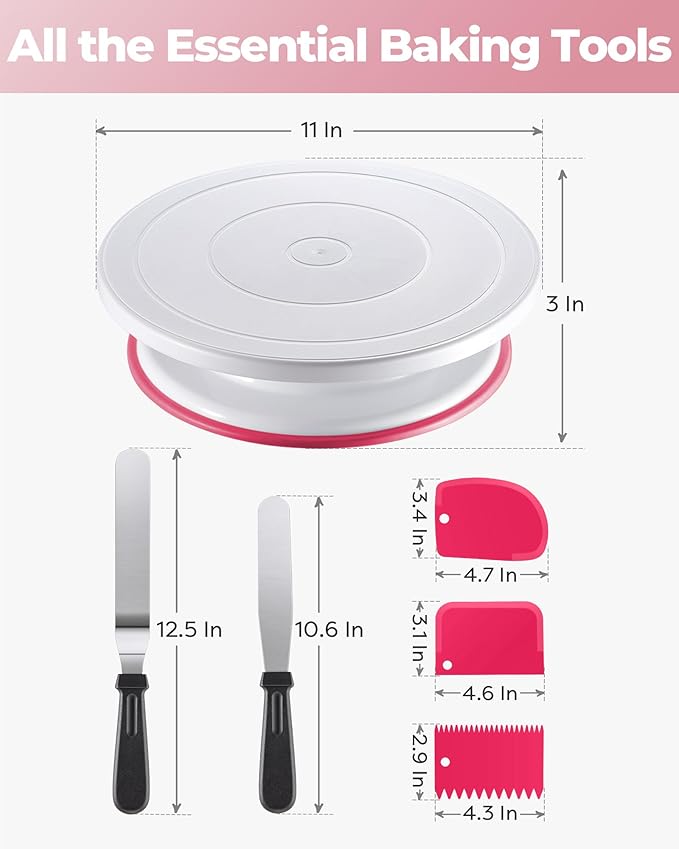 Kootek Cake Decorating Kit Baking Supplies Set Cake Turntable with 2 Frosting Straight Angled Spatula 3 Icing Smoother Scrapers Baking Accessories Tools for Beginners and Pros, Mother's Day, Pink