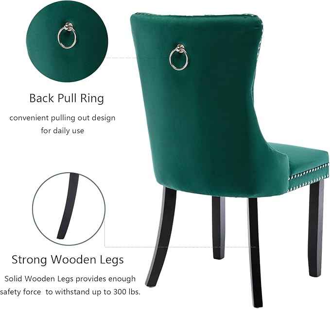 Green Velvet Dining Chairs Set of 6, Upholstered Dining Room Chairs with Back Ring Pull Trim and Solid Wood Legs, Tufted Wingback Kitchen Chairs for Dining Room,Living Room,Kitchen(Green)