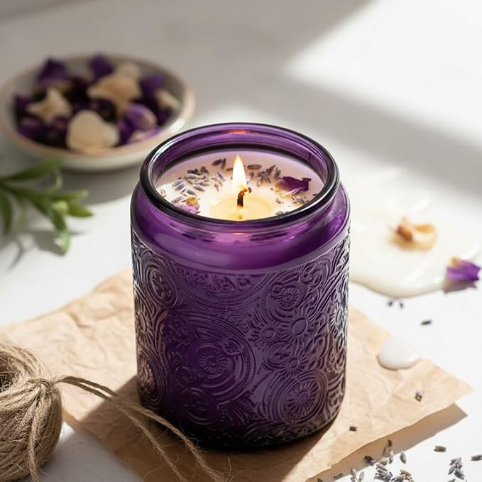 Art Secret 9-Pack 8oz Embossed Glass Candle Jars with Lids and Labels - Sun Moon Stars Design (Purple)