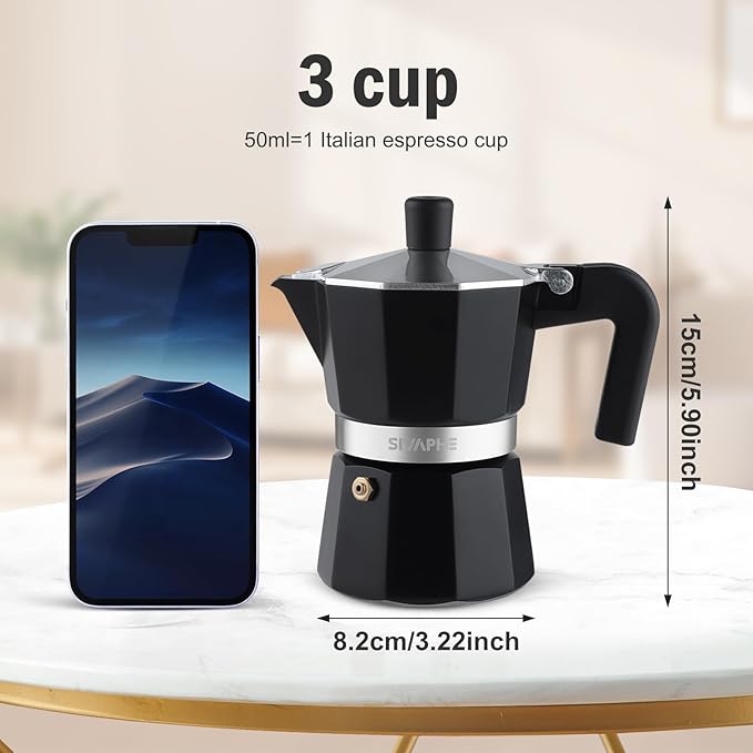 Sivaphe Aluminum Moka Pot 3 Espresso Cups, Percolator Espresso and Coffee Maker, Portable Stovetop Italian and Cuban Café Brewer for Home and Camping Black