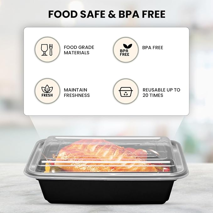 Klex 38 Oz, 150 Sets Meal Prep Containers with Airtight Lids, BPA Free, Reusable Plastic Food Container, 38 oz, Rectangular, Black/Clear, 150 Sets