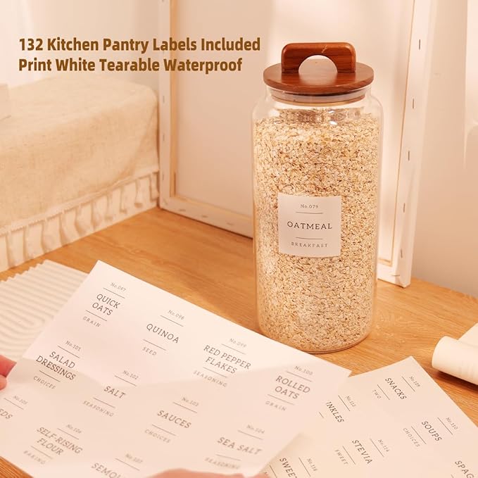 2 Pack Large Glass Flour and Sugar Containers with 132 Pantry Labels - 105 FL OZ Glass Canisters with Bamboo Airtight Lids - Farmhouse Kitchen Glass Pantry Jars for Cookie, Rice, Pasta, Cereal, Salt