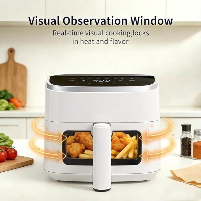 HealSmart 4 Qt Air Fryer with Visible Window, 8-in-1 Digital Airfryer with Interior Light, 1500W, Nonstick Dishwasher-Safe Basket for Fries, Bake, Wings, 60-Min Timer, White