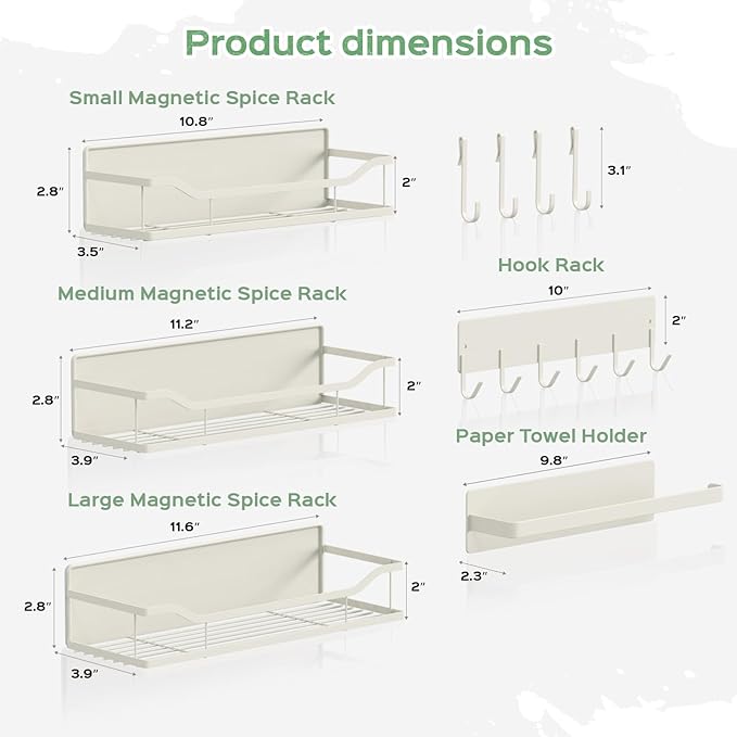 5 Pack Multifunctional Magnetic Shelves for Refrigerator Spice Rack & Washing Machine Organize, Include Paper Towel Holder, Kitchen Utensil Hanger and Hooks, Strong Magnet for Secure Hold (Cream)