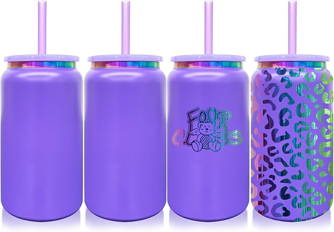 4 Pack Glass Cups with Lids and Straws, 16 oz Stainless Steel Cups, Insulated Skinny Tumbler, Powder Coated Travel Tumbler for Laser Engrave, Iced Coffee Cup for Smoothie Water DIY Gift(Purple,4 pack)