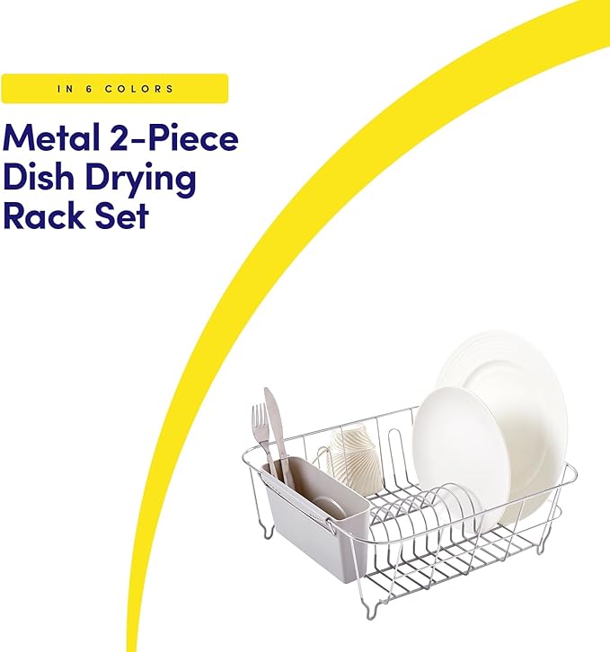 Dish Drying Rack & Cutlery Holder 2 Piece Set - Compact Sink-Fitting Dish Drainer with Rubberized Undercoating, Space-Saving Kitchen Organizer for Plates, Cups, Bowls & Utensils in Sink, Silver