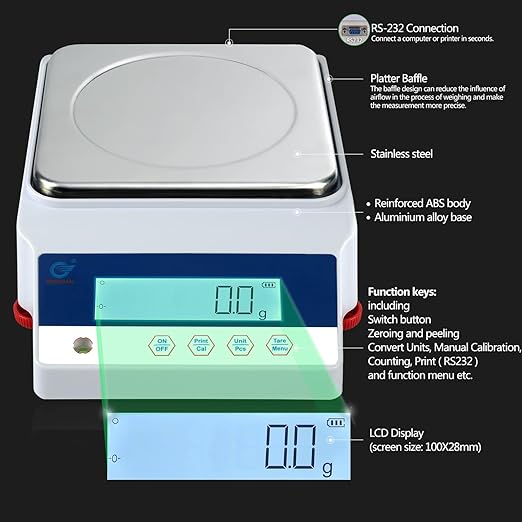 Large Range 10kg x 0.1g Precision Lab Balance Scale Grain/Gram Scale Scientific Scale Calibrated Scale Industrial Laboratory Weighing and Counting Scale Table Top Scale | for Lab, Jewelry