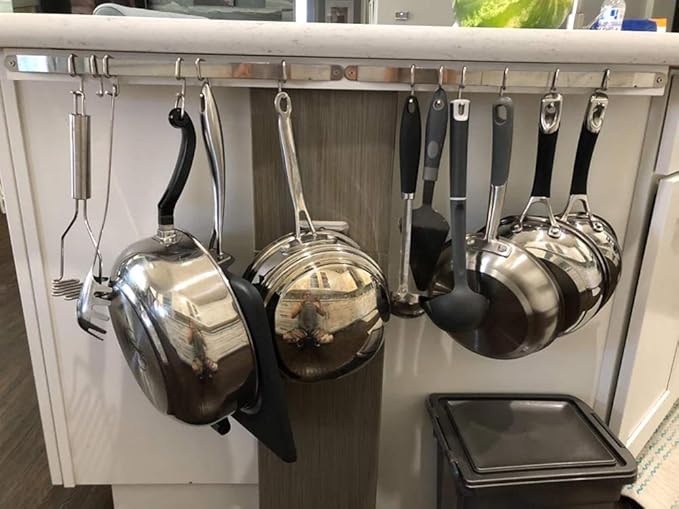 Stainless Steel Kitchen Utensil Racks Holder Hanging Rail Organize Pots Pans Kitchen Knife Gadgets On Wall Mounted Hanger Bar Rail Under Cabinet Shelf (6 Hook,17")