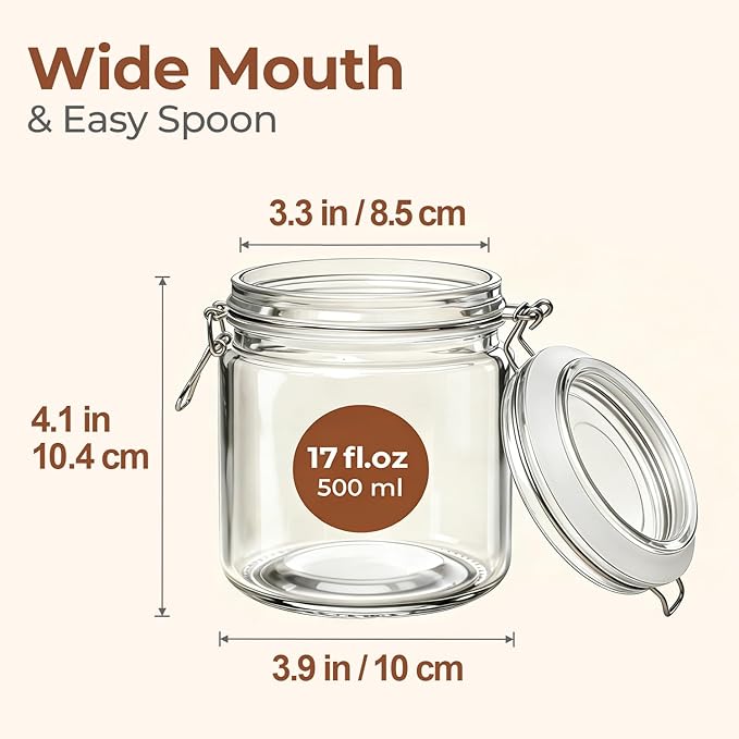 ComSaf 17oz Overnight Oats Containers with Lids 6-Pack, Wide Mouth Glass Jars for Meal Prep, 500ml Airtight Glass Canisters with Wire Clamp for Sourdough Starter, Fridge Pickling & Pantry Organization