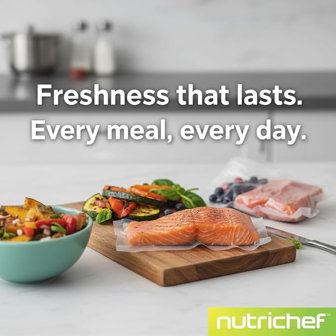 NutriChef Food Vacuum Sealer Machine, Stainless Steel Automatic Air Sealing System for Dry/Moist Foods, LED Touch Controls, Includes Vacuum Hose, Bag Roll and Wine Stopper, 110W Suction Power, 14"x6"