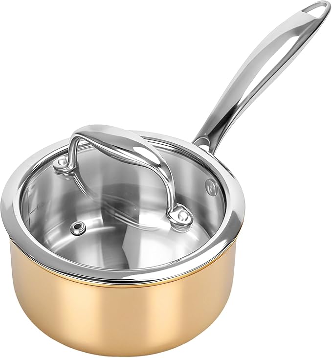 Macevia Sauce Pan with Glass Lid, 18/10 Stainless Steel Pot with Stay-Cool Handle, For All Stoves Multipurpose Use for Home Kitchen or Restaurant (1 Quart)- Rose Gold
