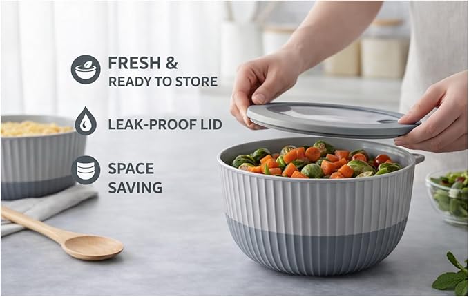 Mixing Bowls with Lids, 8-Piece Airtight Leak-Proof Nesting BPA-Free Bowl Set for Kitchen & Food Storage, Large 4200ml Capacity, Microwave & Dishwasher Safe