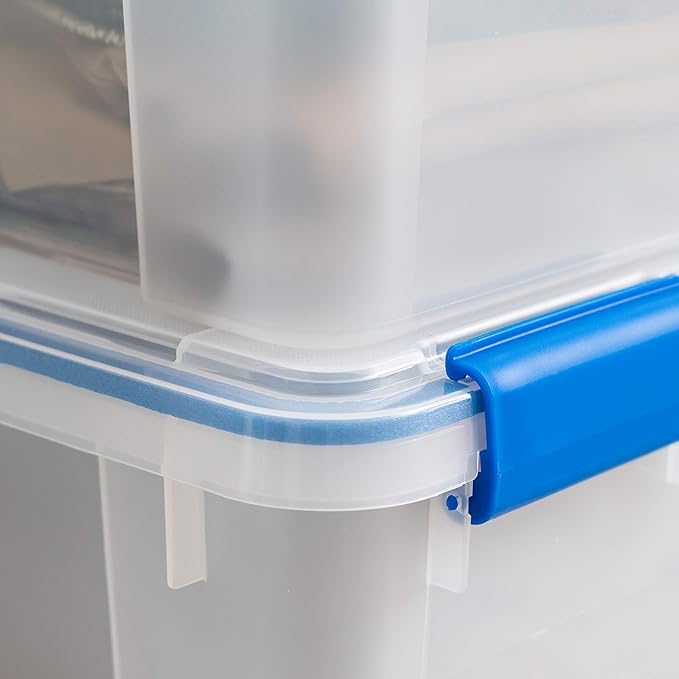 IRIS USA 60 Quart WEATHERPRO Plastic Storage Box with Durable Lid and Seal and Secure Latching Buckles, 3 Pack, Weathertight, Keep Pest Dust and Moisture Out, for Oversized Bulky Items, Clear/Blue