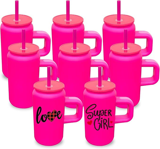 8 Pack 16 oz Sublimation Tumblers with Handle and Straw for Kids, Stainless Steel Sublimation Tumblers Bulk with Lids, Vacuum Insulated Iced Coffee Cups for DIY Craft Heat Press Print (Rosy,8 pack)