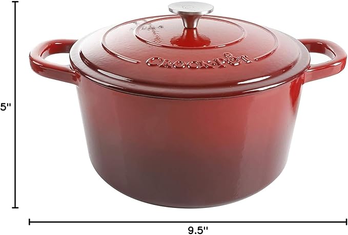 Crock Pot Artisan 5-Quart Round Enameled Cast Iron Dutch Oven – Red, Durable Heavy-Duty Cookware for Slow Cooking, Roasting, Baking with Lid