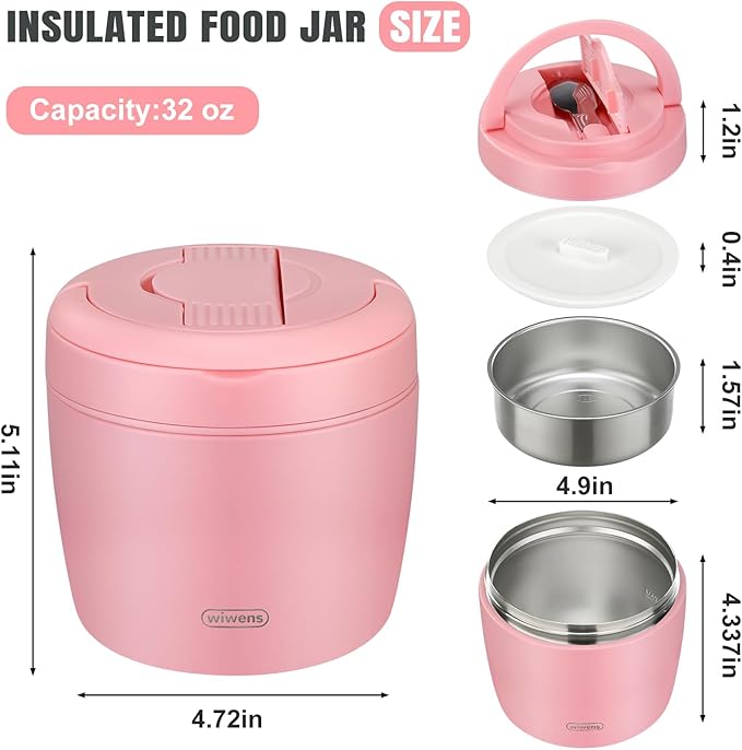 wiwens Thermo Food Jar for Hot Food Adults 32OZ Soup Thermo Lunch Containers Wide Mouth Vacuum Insulated Stainless Steel Leakproof Bento Box with Spoon (Pink2)