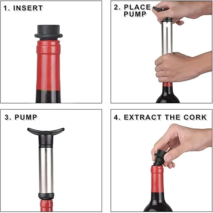 Wine Stopper 4 SET Wine Stopper With Vacuum Pump Preserver Aerator Rubber Black