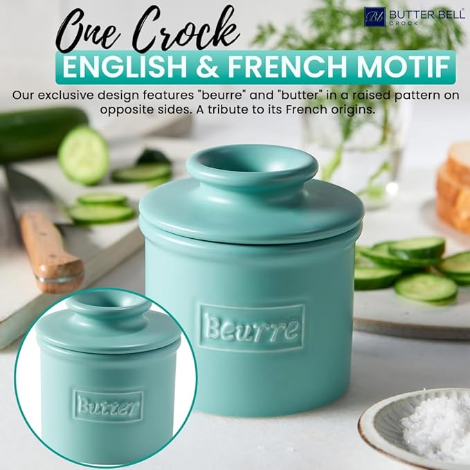 Butter Bell - The Original Butter Bell crock by L Tremain, a Countertop French Ceramic Butter Dish Keeper for Spreadable Butter, Café Matte Collection, Aqua