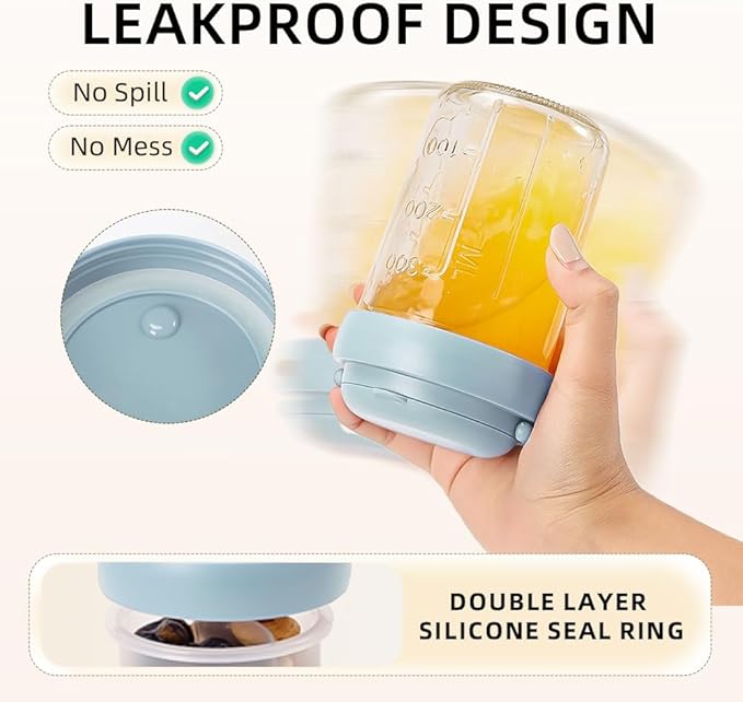 2 Pack Overnight Oats Containers with Lids and Handles, Folding Spoons & Divided Compartments for Fruit & Nuts, 16oz Glass Mason Jars for Oatmeal, Meal Prep & Breakfast (Cream/Blue)