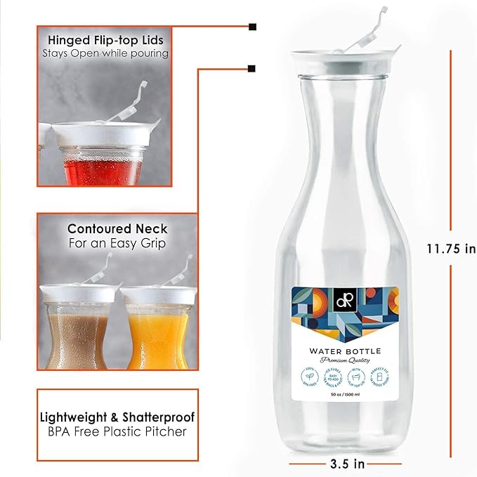 DecorRack 6 Large Water Carafes, Bottles with Flip Top Lid, 50 Oz Each, BPA Free- Plastic Juice Pitcher, Decanter, Jug, Serve Fridge Cold Iced Tea, for Outdoors, Picnic, Parties, NOT DISHWASHER SAFE