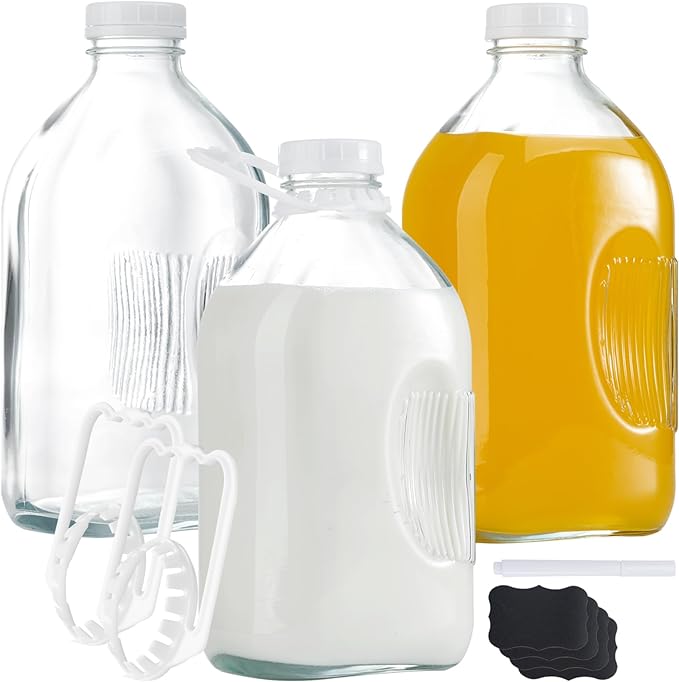 FyndraX Glass Milk Jugs Containers - Half Gallon Juice Bottles with Airtight Screw Cap and Handle for Milk, Breastmilk, Iced Tea, Cold Water, 64OZ Pitcher Set of 3