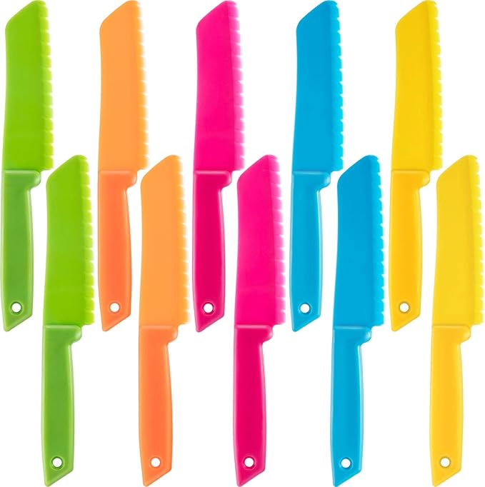 JOVITEC 10 Pieces Kid Knife Plastic Kids Safe Knives for Real Cooking, Nylon Children Toddler Cooking Kitchen Set Bulk for Bread, Lettuce and Salad