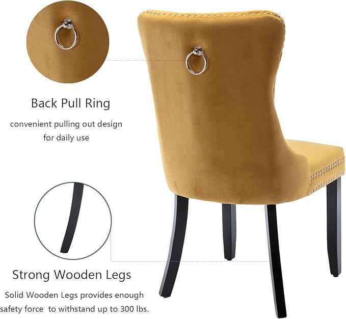 Velvet Dining Chairs Set of 2, Upholstered Dining Room Chairs with Back Ring Pull Trim and Solid Wood Legs,Tufted Wingback Kitchen Chair Perfect for Dining Room,Living Room,Kitchen(Gold)