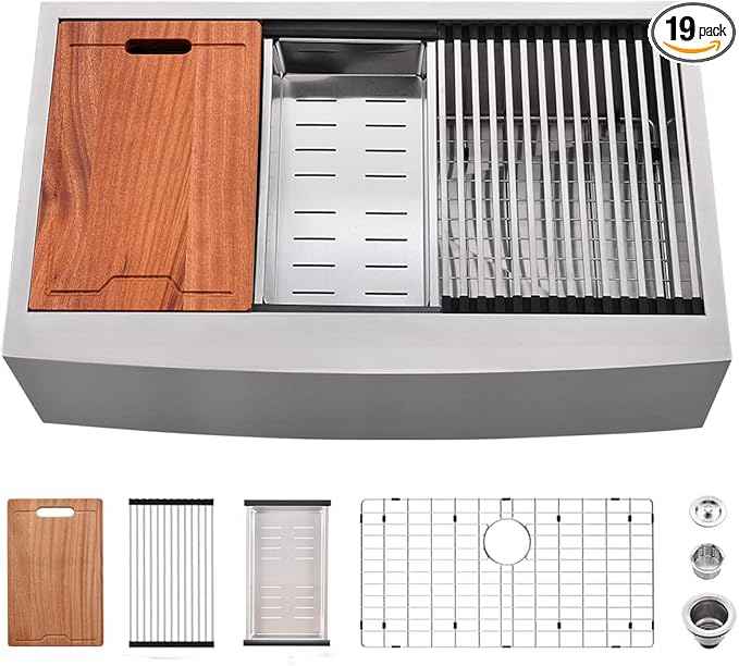 33Inch Farmhouse Sink Workstation -VOKIM 33"x22" Apron Front Kitchen Sink Single Bowl 16 Gauge Stainless Steel Kitchen Farm Kitchen Sinks with Accessories