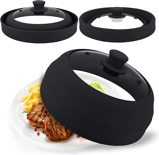 Microwave Splatter Cover Glass,10.5 Inch Collapsible Microwave Cover for Food Glass, Silicone Vented Splatter Guard Lid, Silicone Dish Plate Cover, Dishwasher Safe, Heat Resistant, BPA-Free, Black