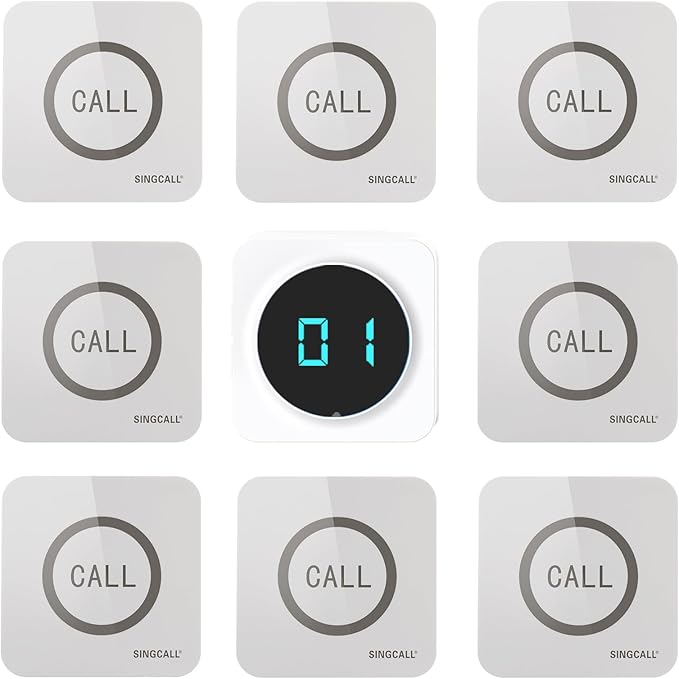 SINGCALL Restaurant Pager System Waiter Calling System Pagers and Beepers for Kitchen,Fast Food,Hotel,Restaurants,Cafe,Bar to Call Waiters 8 Waterproof Wireless Call Buttons 1 Number Display Receiver