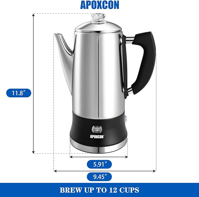 APOXCON Electric Coffee Percolator Stainless Steel Coffee Maker with Clear Brew Progress Tough Glass Knob and On/OFF Switch Classic Coffee Pot with Keep Warm & Cordless Serve No Aluminum (12 Cup)