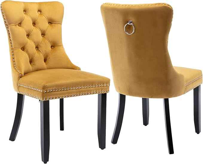 Velvet Dining Chairs Set of 2, Upholstered Dining Room Chairs with Back Ring Pull Trim and Solid Wood Legs,Tufted Wingback Kitchen Chair Perfect for Dining Room,Living Room,Kitchen(Gold)