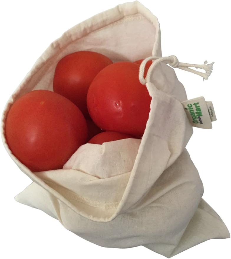 Reusable Grocery Bags for Produce - Small Size Muslin Bags for Brewing and Making Tea - Made of 100% Organic Cotton with Drawstring - Set of 3 (Small - 8"x10")